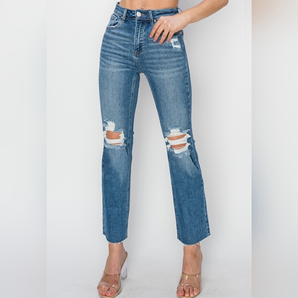 RISEN High-Rise Straight Leg Distressed Ankle Frayed Raw Hem Jeans Denim Pants - Picture 3 of 16